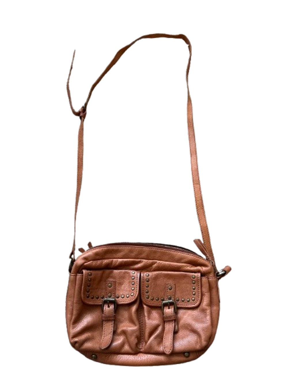 Ashwood Genuine Tan Brown Leather Studded Pockets Crossbody Shoulder Bag Purse